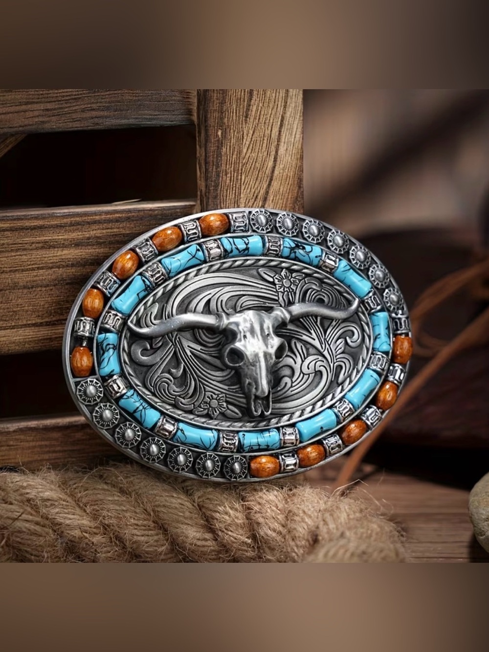 Western Belt Buckle Longhorn Turquoise & Wood Bead Belt Buckle